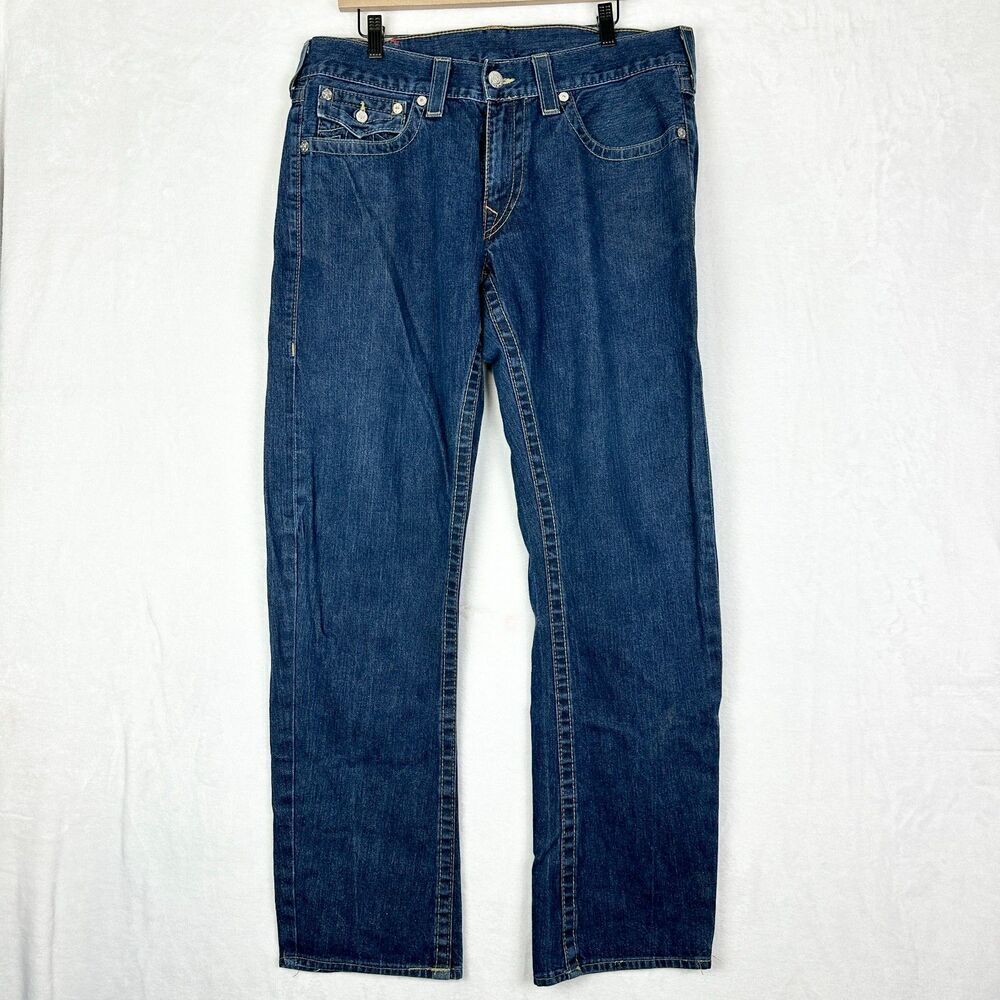 True Religion Billy Bootcut Jeans Size 36x33 Flap Pockets Big T Cotton USA Made